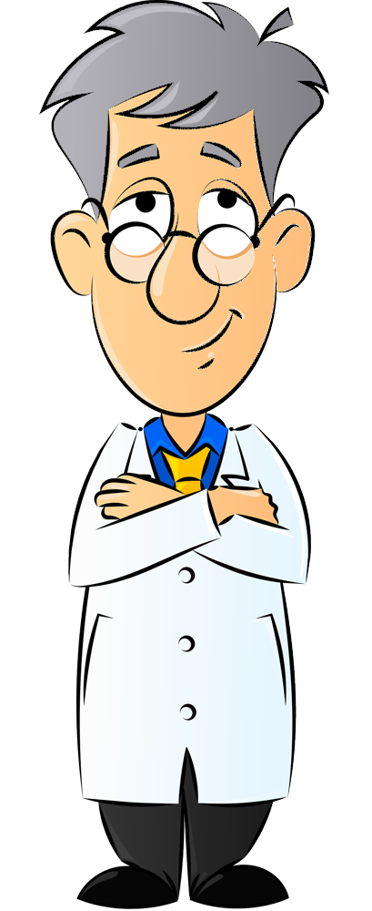 Desenho de um professor de jaleco, de braços cruzados