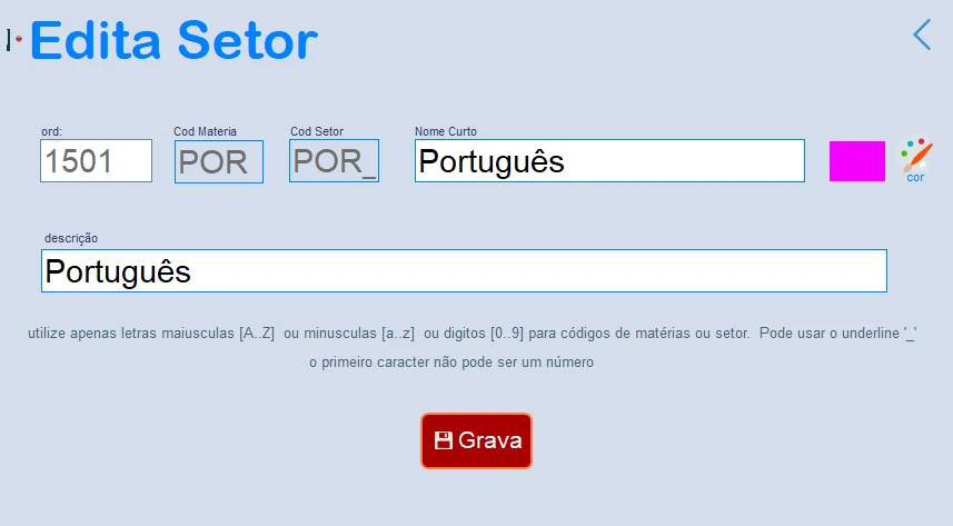 Tela do ProvaJá: Edição de setor