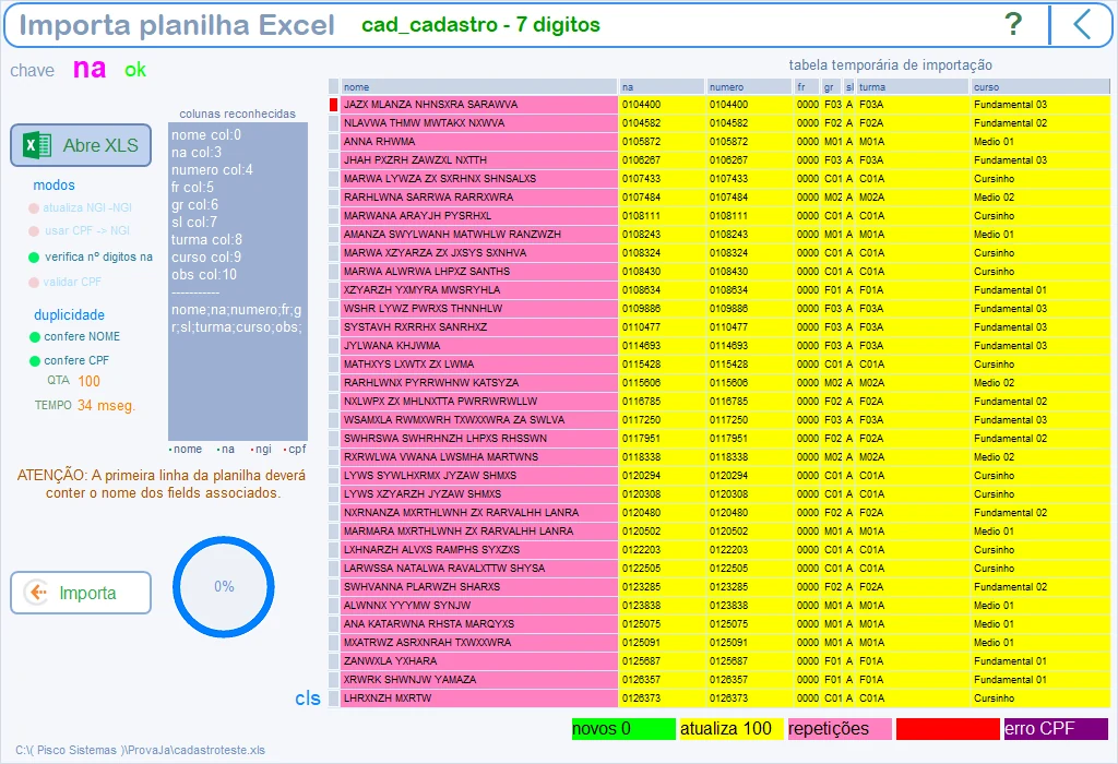 Tela do ProvaJá: Importação do Excel